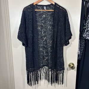 Vanity Y2K Black Lace Cover-Up Kimono with Fringe Size L